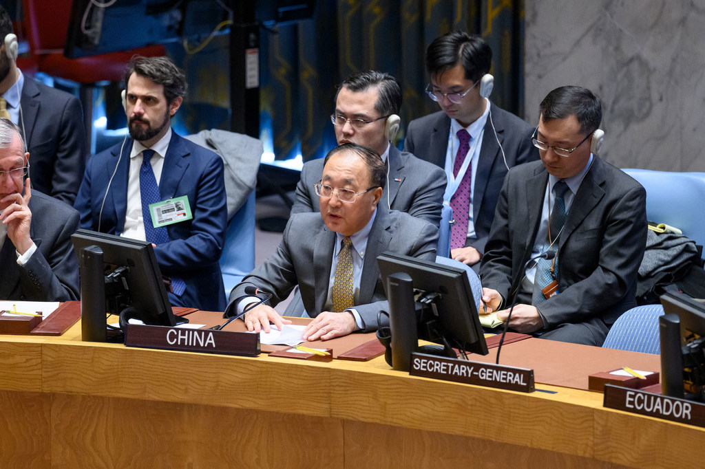 Ambassador Zhang Jun of China addresses the Security Council meeting on the situation in the Middle East, including the Palestinian question. Ambassador Zhang Jun of China addresses the Security Council meeting on the situation in the Middle East, including the Palestinian question.