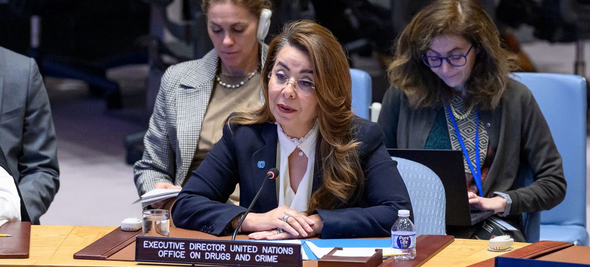 Ghada Waly, Executive Director of the UN Office on Drugs and Crime, briefs the Security Council meeting on threats to international peace and security with focus on transnational organized crime, growing challenges and new threats. Ghada Waly, Executive Director of the UN Office on Drugs and Crime, briefs the Security Council meeting on threats to international peace and security with focus on transnational organized crime, growing challenges and new threats.