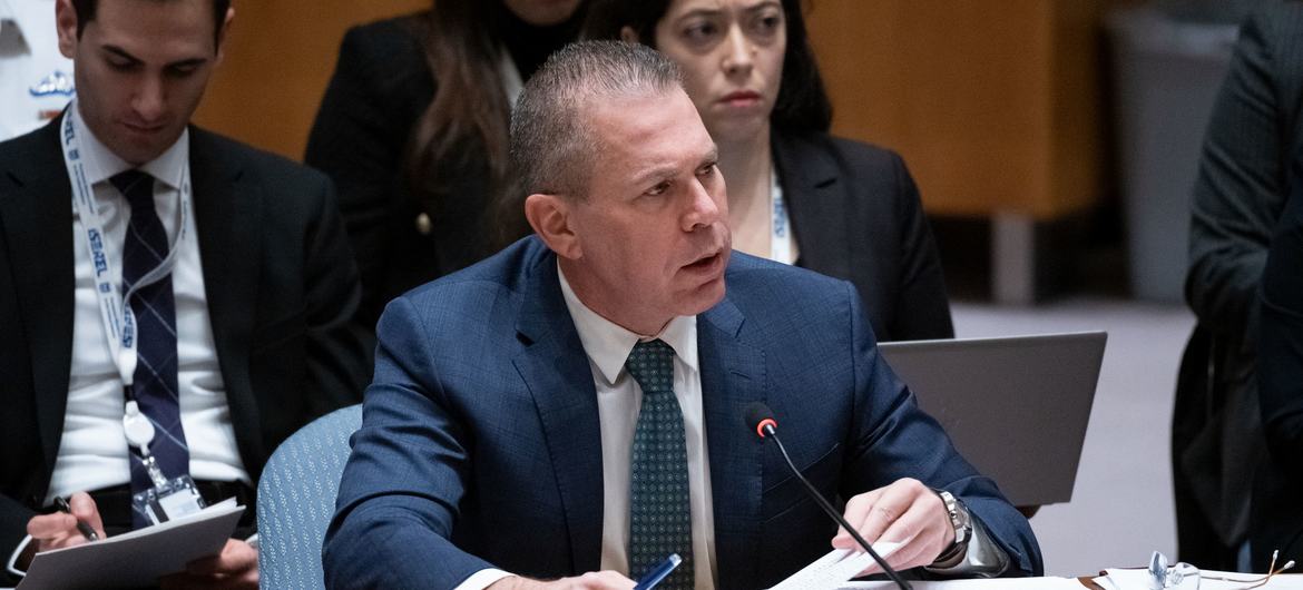 Ambassador Gilad Erdan of Israel addresses the UN Security Council meeting on the situation in the Middle East, including the Palestinian question. Ambassador Gilad Erdan of Israel addresses the UN Security Council meeting on the situation in the Middle East, including the Palestinian question.