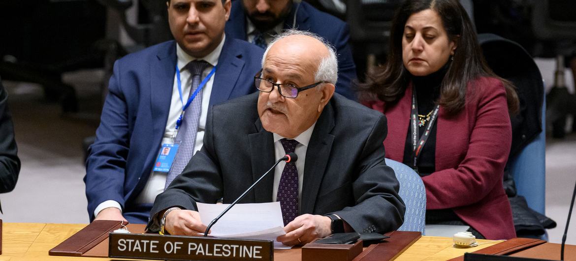 Riyad Mansour, Permanent Observer of the State of Palestine to the United Nations, addresses the Security Council meeting on the situation in the Middle East, including the Palestinian question. Riyad Mansour, Permanent Observer of the State of Palestine to the United Nations, addresses the Security Council meeting on the situation in the Middle East, including the Palestinian question.