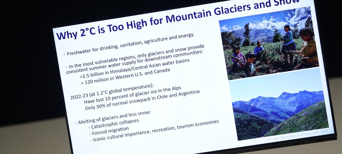 Screenshot of a monitor in the meeting room at the COP28 event in Expo City in Dubai on ‘Call of the Mountains: who saves us from the climate crisis?’ Screenshot of a monitor in the meeting room at the COP28 event in Expo City in Dubai on ‘Call of the Mountains: who saves us from the climate crisis?’