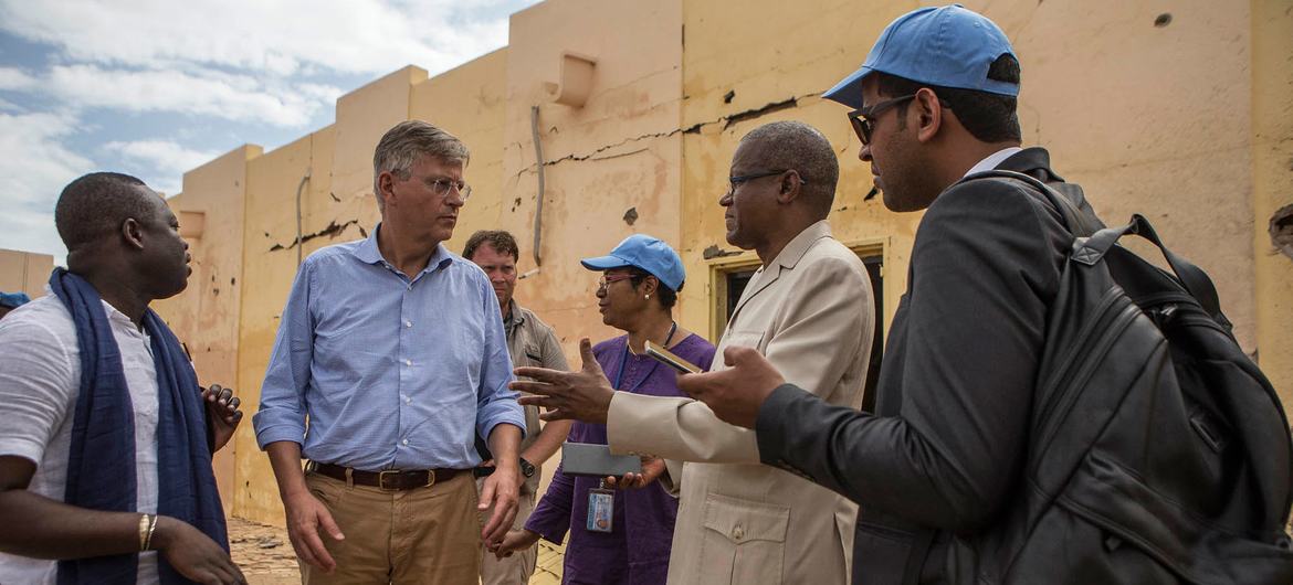 Jean-Pierre Lacroix (2nd from left), the UN peacekeeping chief visits, in 2018, a military facility attacked by terrorists in northern Mali. Jean-Pierre Lacroix (2nd from left), the UN peacekeeping chief visits, in 2018, a military facility attacked by terrorists in northern Mali.
