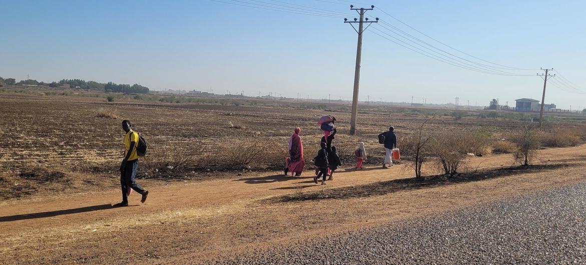 Sudanese children and families displaced from Gezira flee on foot after clashes erupt in Wad Madani, Al Jazirah state. Sudanese children and families displaced from Gezira flee on foot after clashes erupt in Wad Madani, Al Jazirah state.