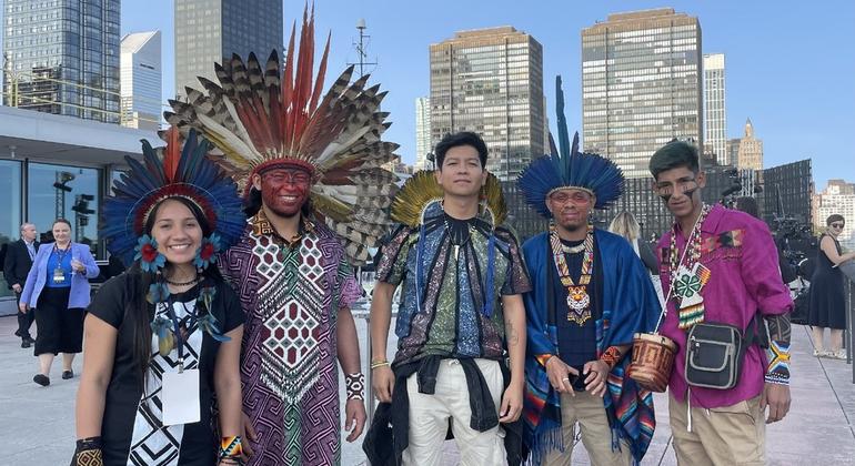 Indigenous people from Brazil gather at the UN in New York. Indigenous people from Brazil gather at the UN in New York.