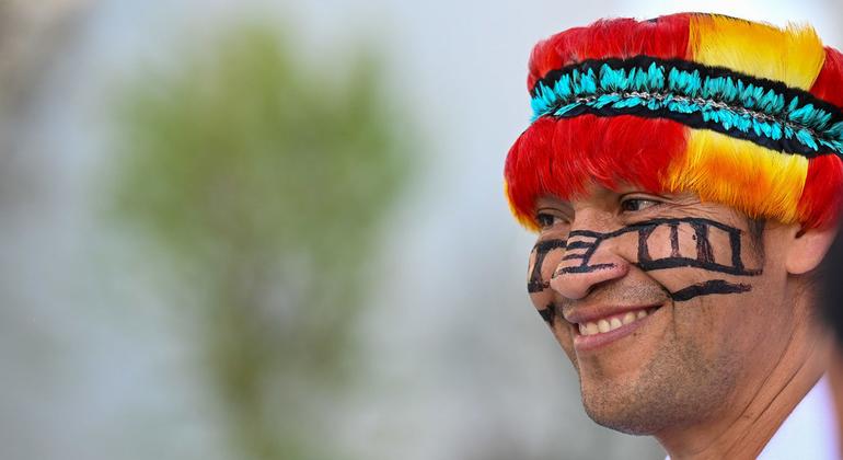 An indigenous community member attends the UN Climate Change Conference COP28 at Expo City in Dubai, United Arab Emirates. An indigenous community member attends the UN Climate Change Conference COP28 at Expo City in Dubai, United Arab Emirates.