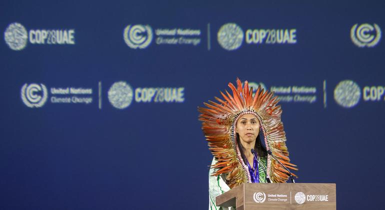 Isabel Prestes da Fonseca, a representative of the Brazilian indigenous community, addressing the World Climate Action Summit during the UN Climate Change Conference COP28 at Expo City in Dubai, United Arab Emirates. Isabel Prestes da Fonseca, a representative of the Brazilian indigenous community, addressing the World Climate Action Summit during the UN Climate Change Conference COP28 at Expo City in Dubai, United Arab Emirates.