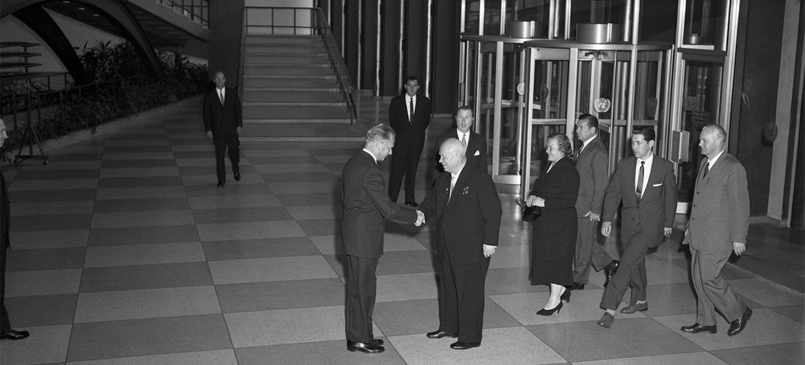 Nikita Khrushchev, Chairman of the Council of Ministers of the USSR, visited the United Nations where he addressed the 82-member General Assembly in 1959. (file) Nikita Khrushchev, Chairman of the Council of Ministers of the USSR, visited the United Nations where he addressed the 82-member General Assembly in 1959. (file)