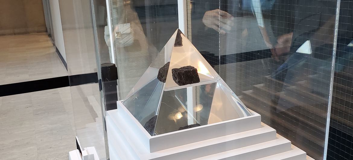 A four-ounce rock from the Moon, brought back by the Apollo 11 astronauts, is on display at UN Headquarters. A four-ounce rock from the Moon, brought back by the Apollo 11 astronauts, is on display at UN Headquarters.