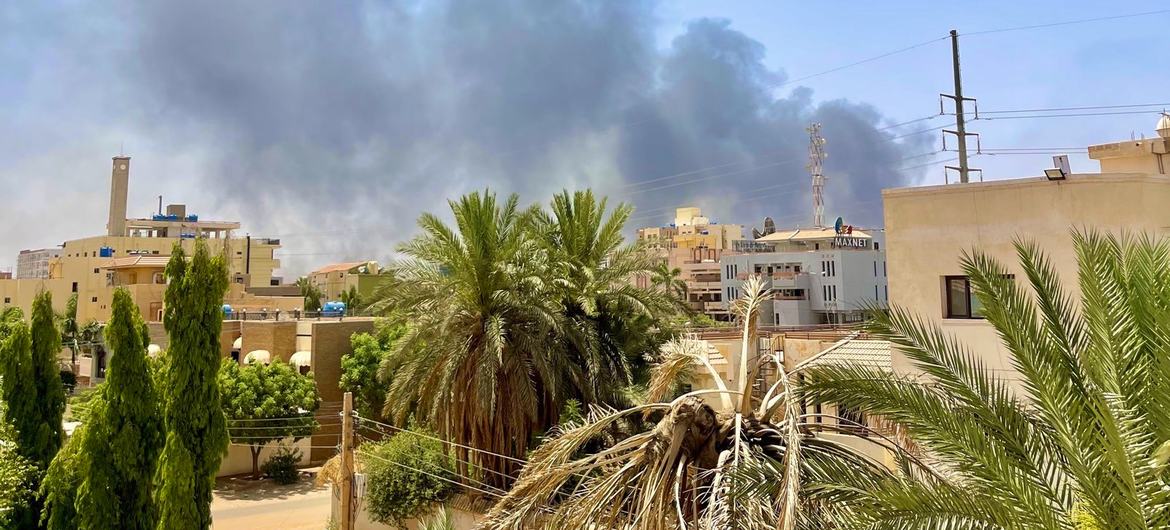Smoke rises following a bombing in the Al-Tayif neighbourhood of Khartoum, Sudan in April 2023. Smoke rises following a bombing in the Al-Tayif neighbourhood of Khartoum, Sudan in April 2023.