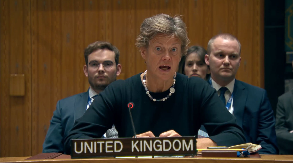 Ambassador Barbara Woodward of the United Kingdom addresses the Security Council meeting on threats to international peace and security. Ambassador Barbara Woodward of the United Kingdom addresses the Security Council meeting on threats to international peace and security.