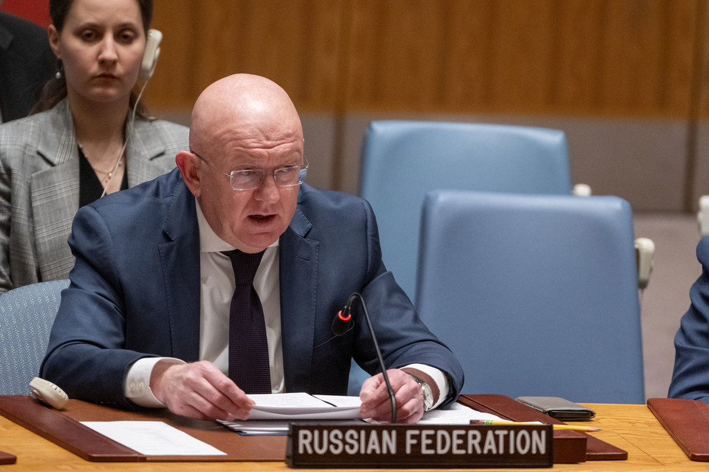 Ambassador Vassily Nebenzia of the Russian Federation addresses the Security Council meeting on threats to international peace and security. Ambassador Vassily Nebenzia of the Russian Federation addresses the Security Council meeting on threats to international peace and security.