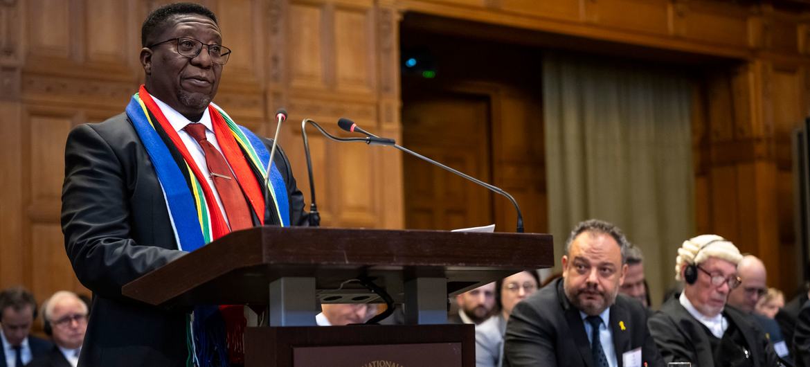Representing South Africa, Vusimuzi Madonsela, presents his country's case against Israel at the International Court of Justice (ICJ) in January. (file) Representing South Africa, Vusimuzi Madonsela, presents his country's case against Israel at the International Court of Justice (ICJ) in January. (file)
