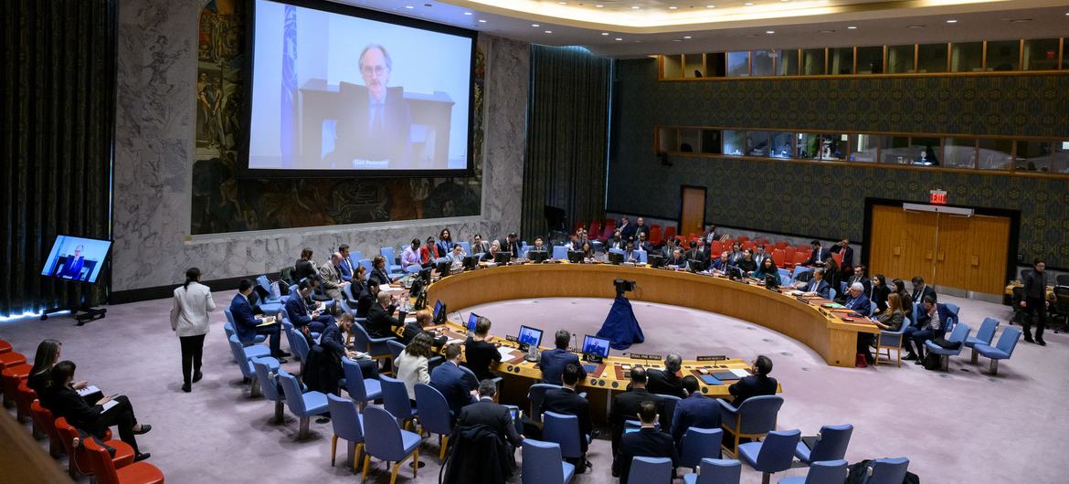 Geir Pedersen (on screen), Special Envoy of the Secretary-General for Syria, briefs the Security Council meeting on the situation in the Middle East. Geir Pedersen (on screen), Special Envoy of the Secretary-General for Syria, briefs the Security Council meeting on the situation in the Middle East.