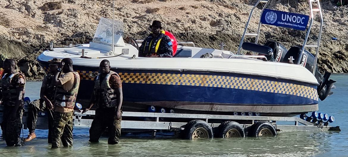 A coast guard patrol boat is launched near Mogadishu in Somalia. A coast guard patrol boat is launched near Mogadishu in Somalia.