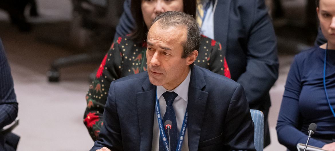 Khaled Khiari, Assistant Secretary-General for Middle East, Asia and the Pacific of the Departments of Political and Peacebuilding Affairs and Peace Operations, briefs the Security Council meeting on maintenance of peace and security of Ukraine. Khaled Khiari, Assistant Secretary-General for Middle East, Asia and the Pacific of the Departments of Political and Peacebuilding Affairs and Peace Operations, briefs the Security Council meeting on maintenance of peace and security of Ukraine.