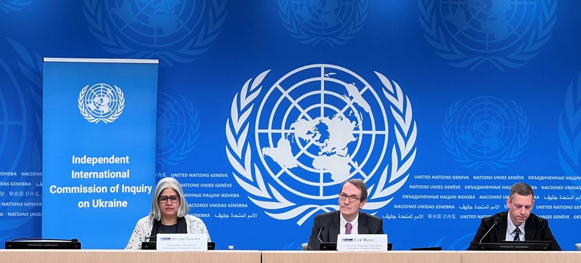 Erik Møse, Chair of Independent International Commission of Inquiry on Ukraine (centre), Commissioner Vrinda Grover (left) and moderator Todd Pitman, OHCHR, at a press conference in Geneva Erik Møse, Chair of Independent International Commission of Inquiry on Ukraine (centre), Commissioner Vrinda Grover (left) and moderator Todd Pitman, OHCHR, at a press conference in Geneva